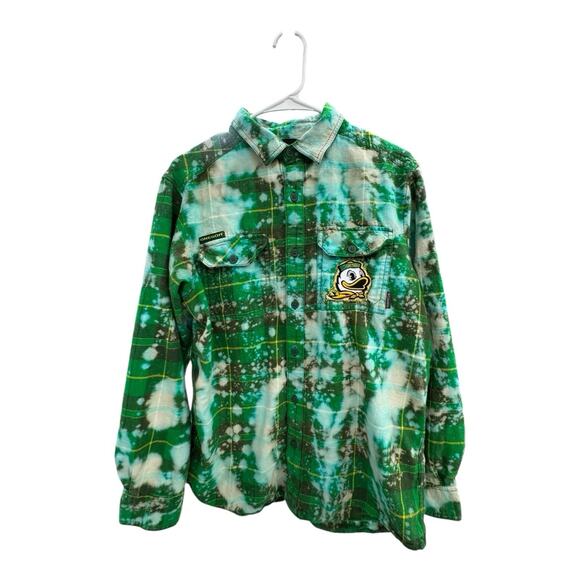 UPCYCLED Columbia Bleach Green Yellow S Flannel Long Sleeve Oregon Ducks NCAA - Picture 1 of 9